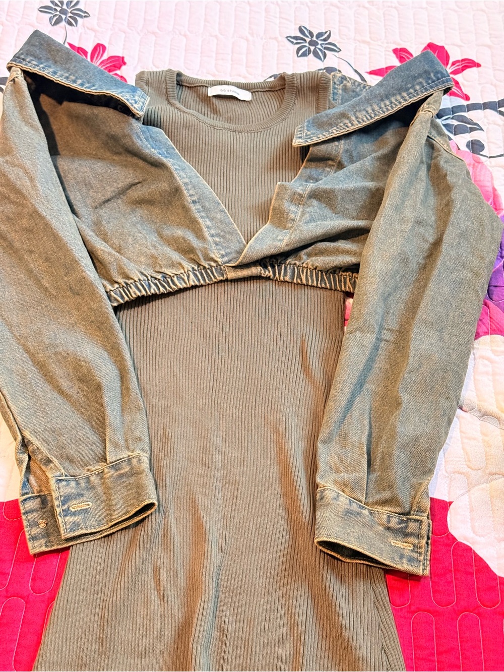 Olive Ribbed Midi Dress with Cropped Denim Jacket - Olive